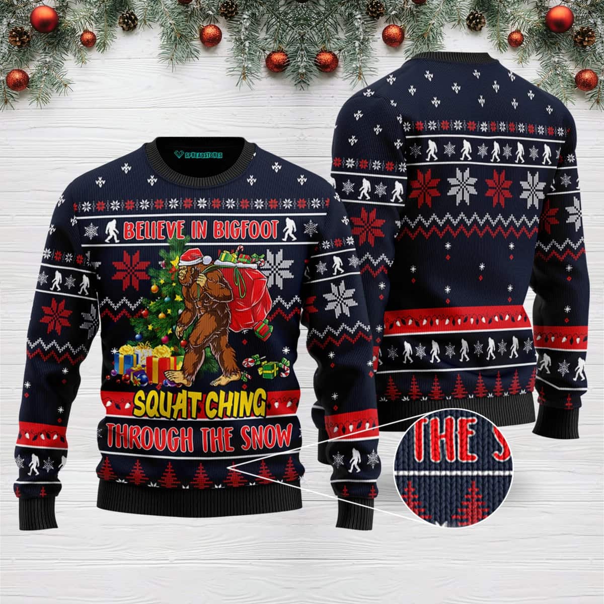 Funny Believe In Bigfoot Squatching Through The Snow Ugly Christmas Sweater Xmas Gift