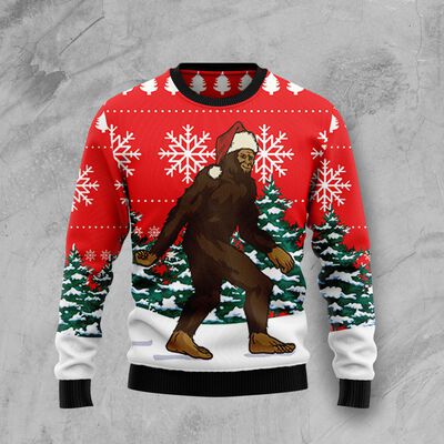 Christmas Bigfoot Ugly Christmas Sweater Tree Snowflake Pattern 