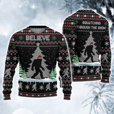 Bigfoot Ugly Christmas Sweater Squatching Through The Snow Gift For Him