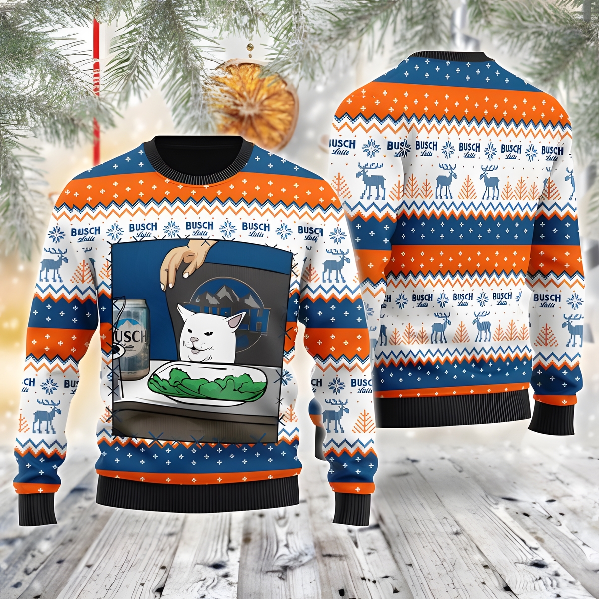 Busch Latte Beer Ugly Christmas Sweater Funny Smudge The Cat Loves Busch