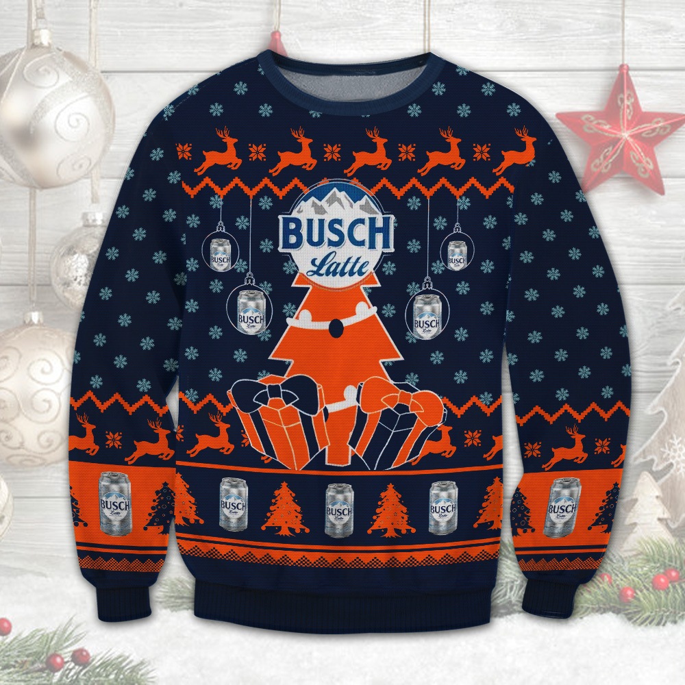 Busch Latte Beer Ugly Christmas Sweater Deer And Christmas Tree Pattern