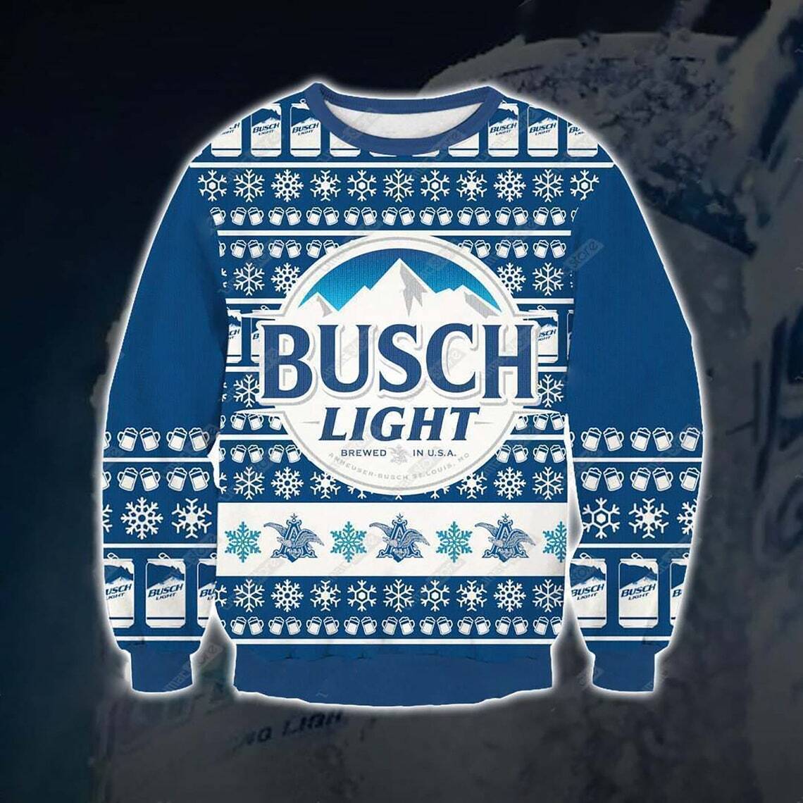 Busch Light Beer Ugly Christmas Sweater Brewed In USA Mountain Snowflakes Pattern