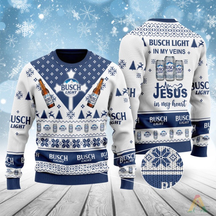 Busch Light Beer Ugly Christmas Sweater In My Veins Jesus In My Heart