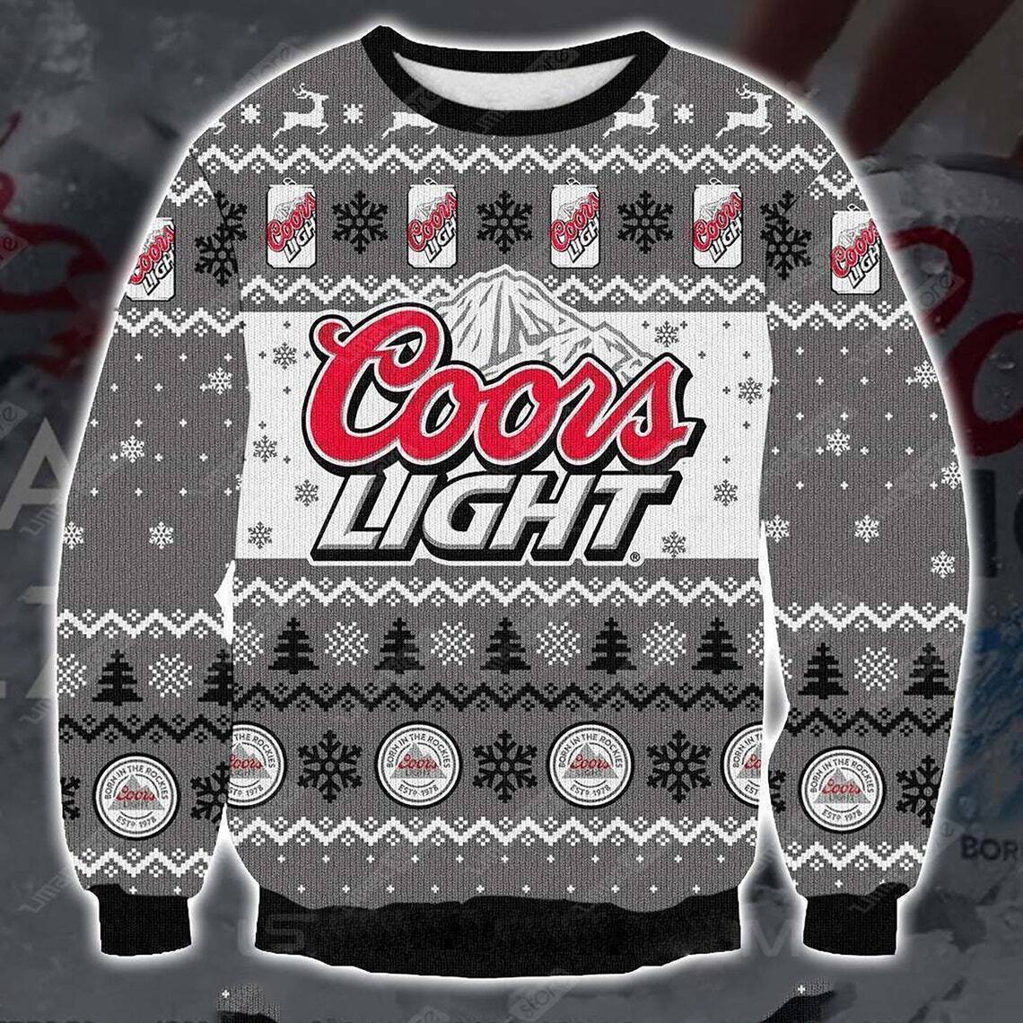 Coors Light Ugly Christmas Sweater Gray And White Snowflakes And Pine Trees Beer Lovers Gift