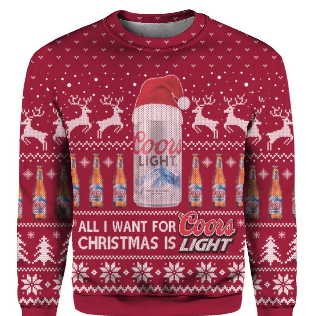 Red And White All I Want For Christmas Is Coors Light Ugly Christmas Sweater Beer Lovers Gift