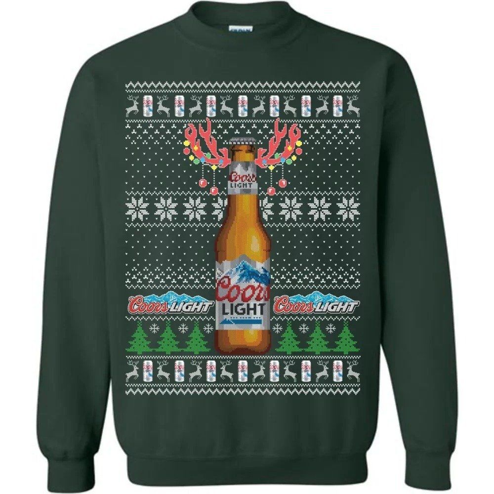 Funny Coors Light Beer Ugly Christmas Sweater Reindeer Bottle