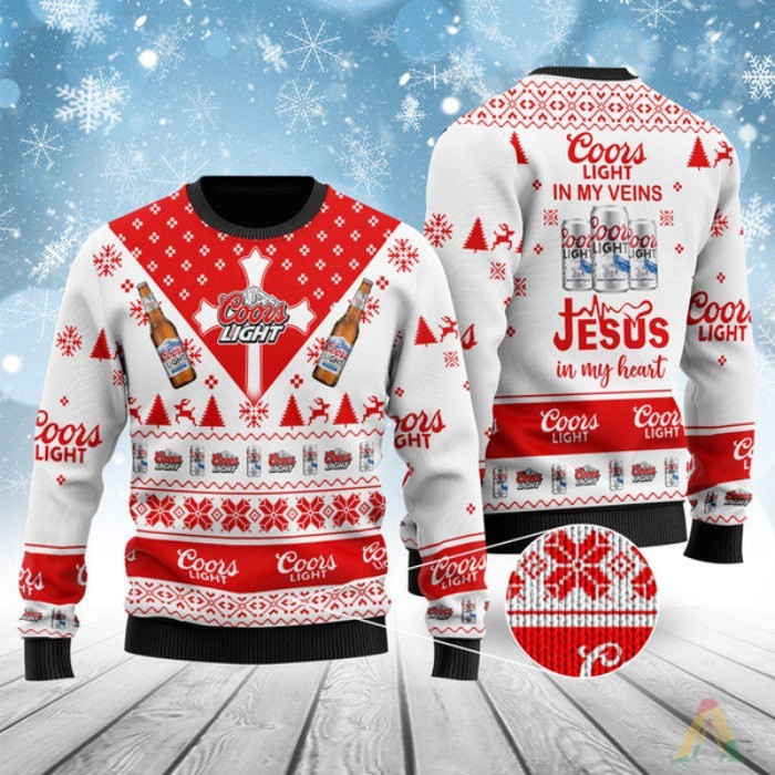 Coors Light Beer Ugly Christmas Sweater In My Veins Jesus In My Heart