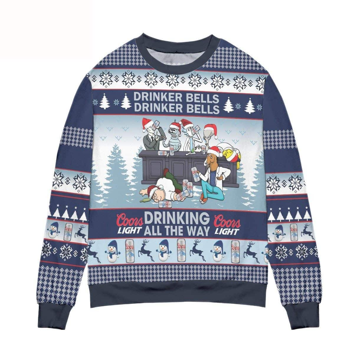 Drinking All The Way Coors Light Beer Ugly Christmas Sweater Drinker Bells