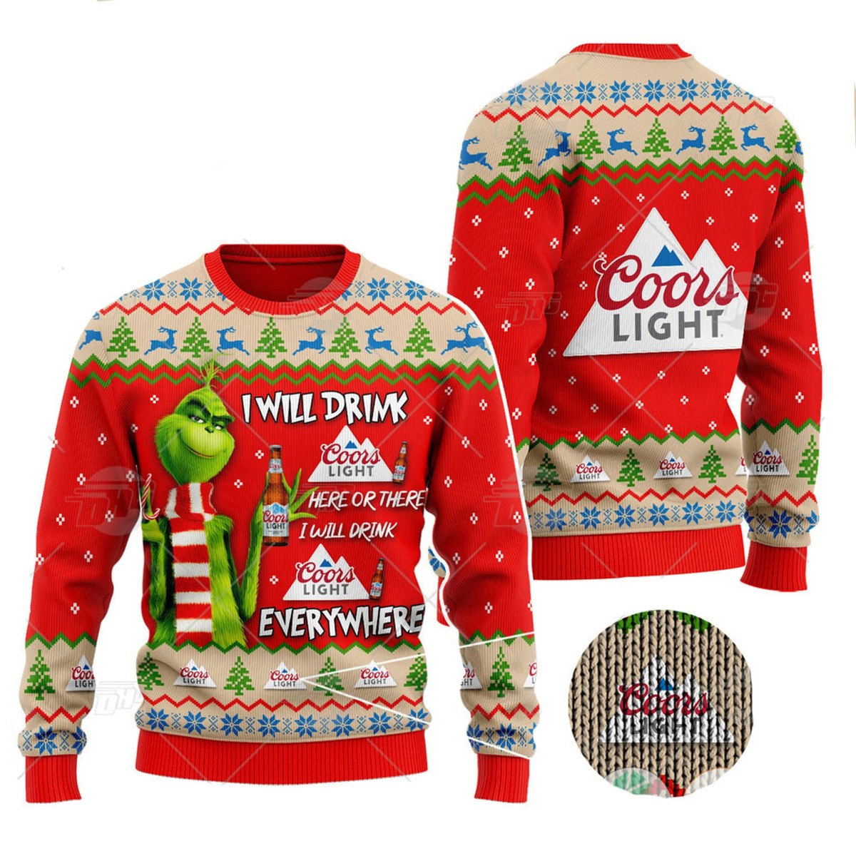 Funny Grinch I Will Drink Coors Light Everywhere Ugly Christmas Sweater