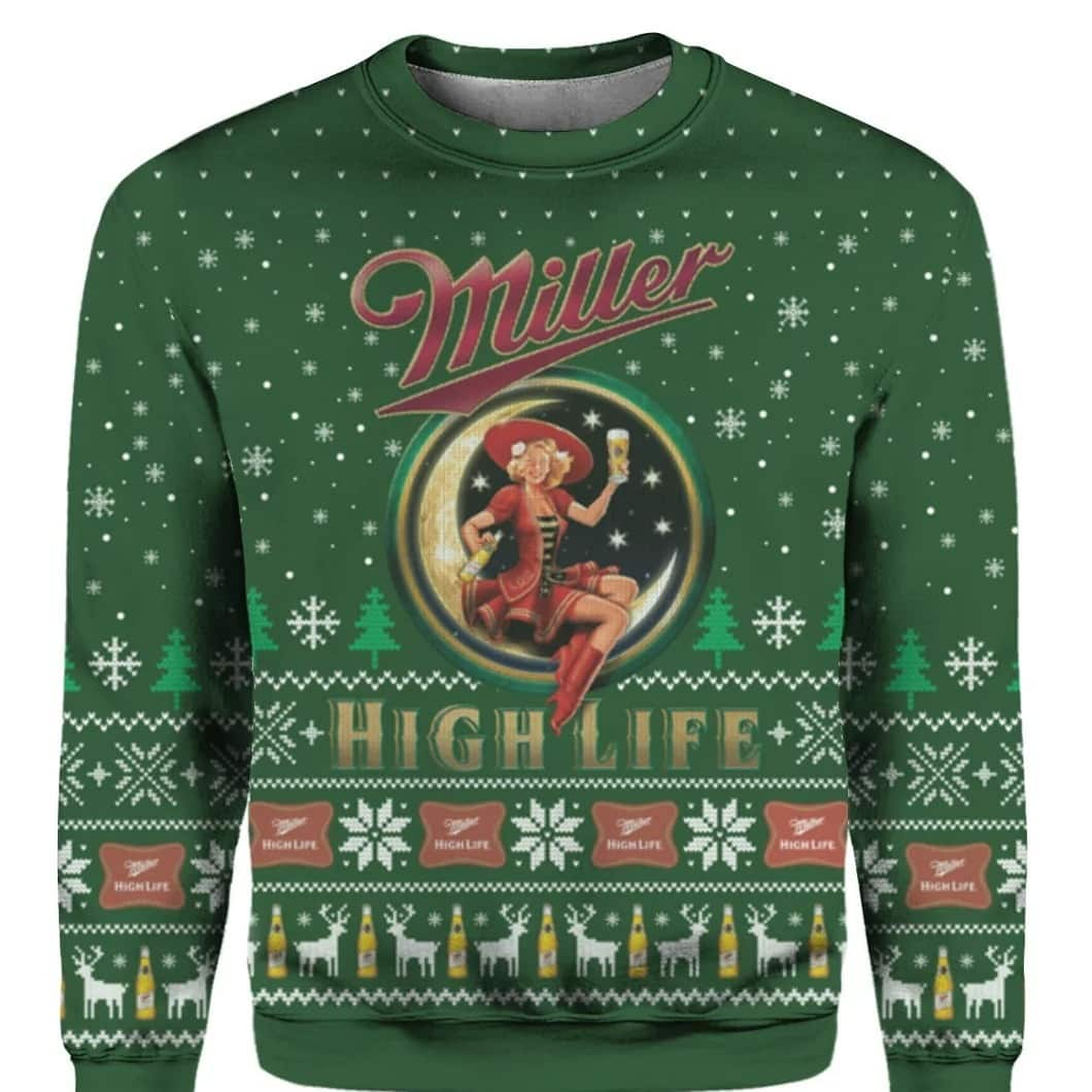 Green Girl In The Moon Miller High Life Beer Ugly Christmas Sweater