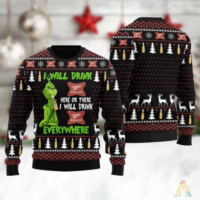 Miller High Life Beer Ugly Christmas Sweater I Will Drink Here And There