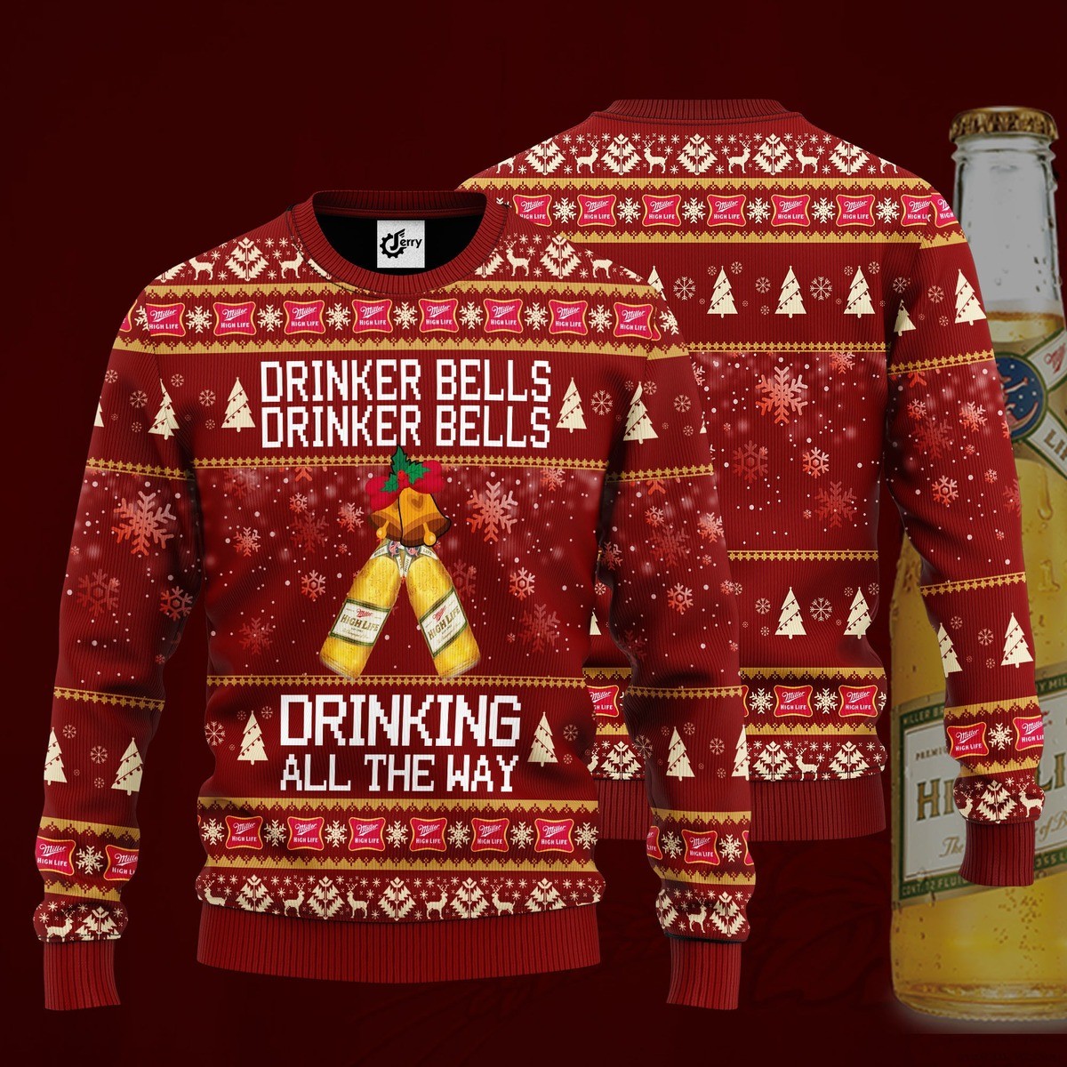 Miller High Life Beer Ugly Christmas Sweater Drinker Bells Drinking All The Way 