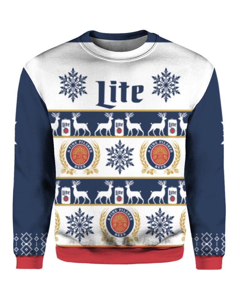 Miller Lite Beer Ugly Christmas Sweater Reindeer Snowflakes Pattern 