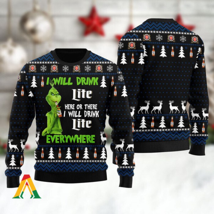 Funny Grinch I Will Drink Miller Lite Beer Everywhere Ugly Christmas Sweater