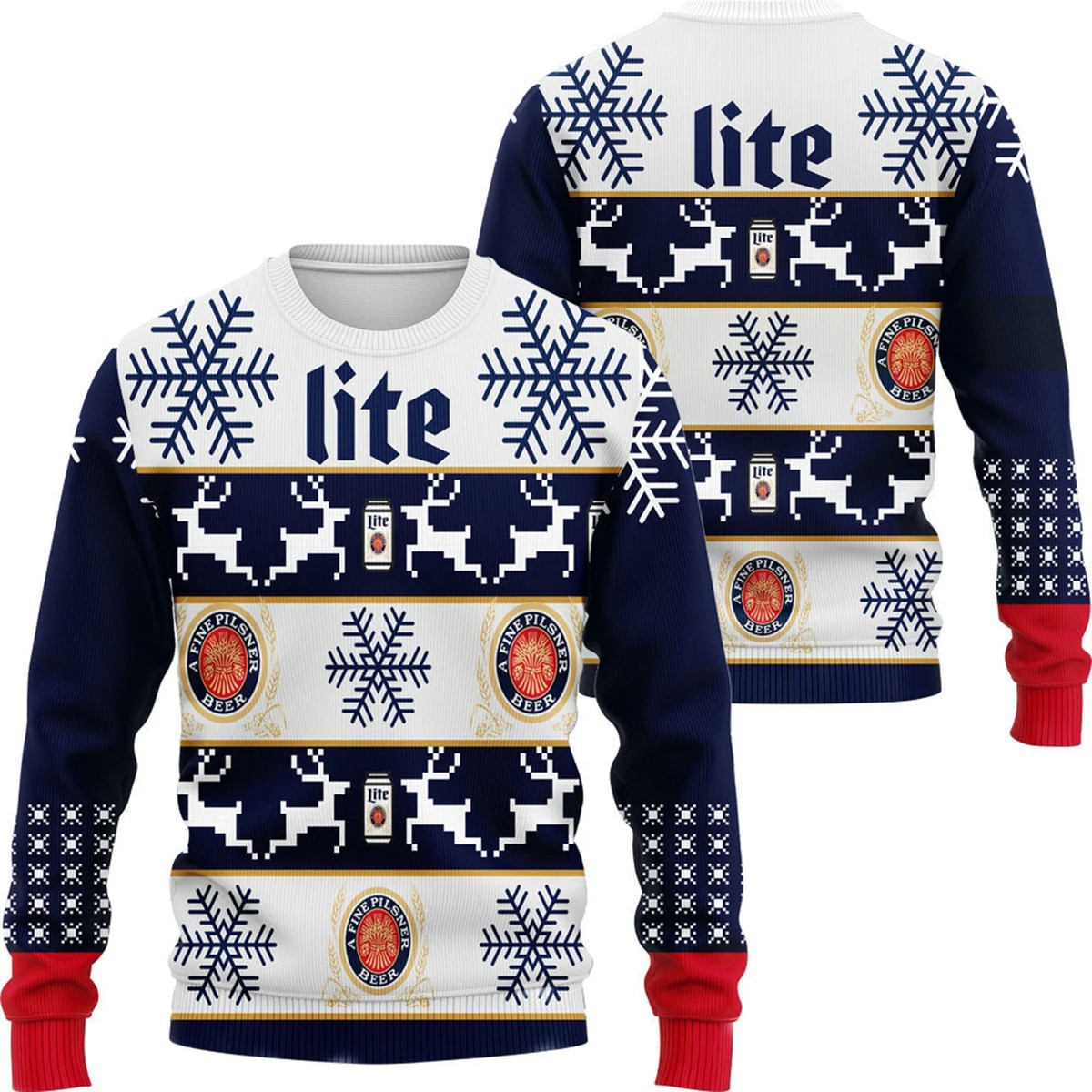Miller Lite Christmas Ugly Christmas Sweater Snowflake Deer Pattern Gift For Beer Lovers 