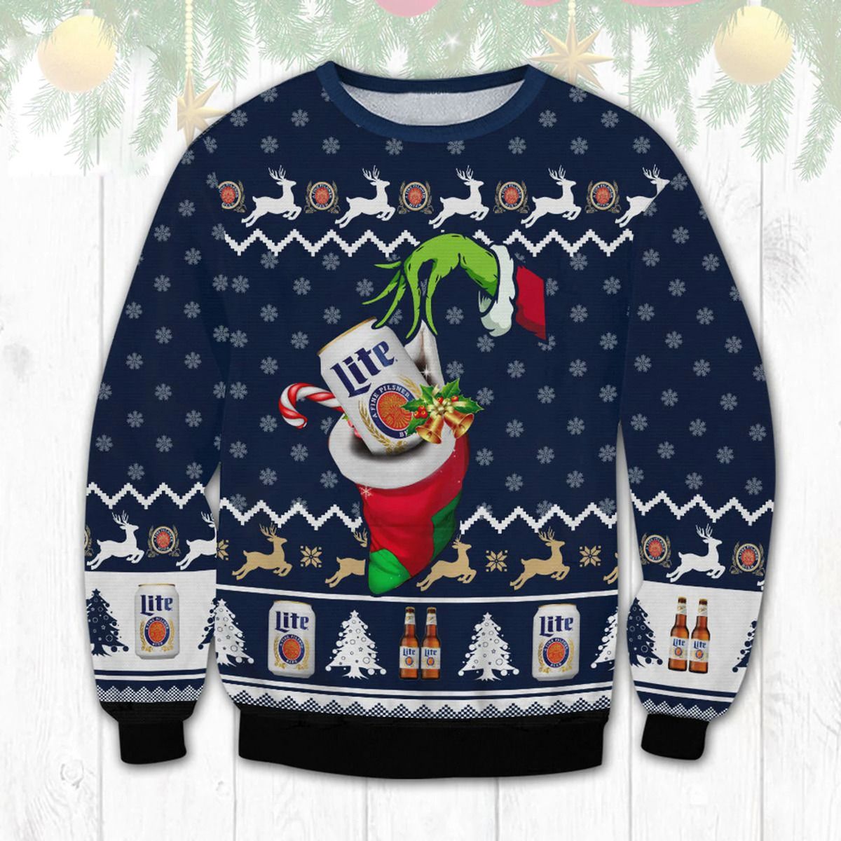 Christmas Miller Lite Ugly Christmas Sweater The Grinch Beer Lovers Gift
