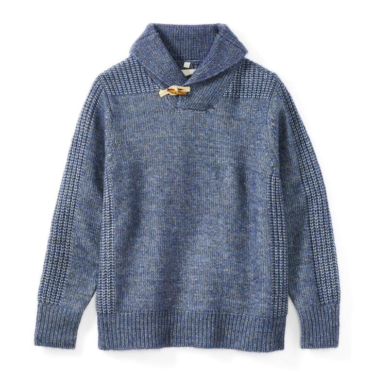 Blue Wool-Nylon Men's Sweater with Shawl Collar Isolated on White. Stylish Warm Pullover with Wooden Hook-and-Loop Style Closure & Ribbed Cuffs. 