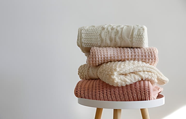 Stack of freshly washed women's clothes, neatly folded on a wooden table. Pile of shirts, skirts and sweaters on the table, white wall background.