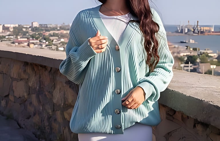 Outdoor fashion photo of young beautiful woman in sea landscape. Lady in warm knitted stylish cardigan