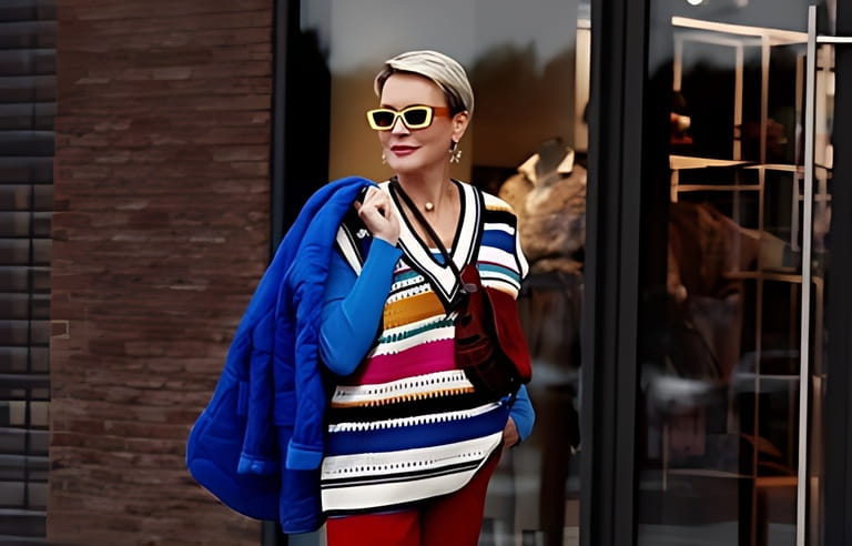 Fashion Street style autumn or spring. Model is wearing blue jacket and sweater, striped gilet, red pants and yellow sunglasses. 