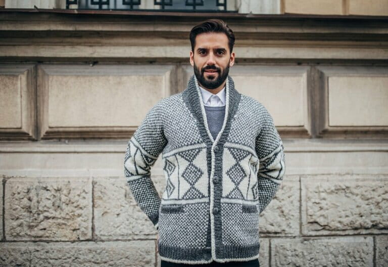 One man, beautiful fashionable man standing on the city street.