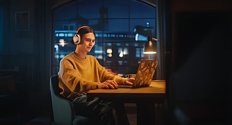 Young Handsome Man Opening Laptop Computer in Stylish Loft Apartment in the Evening. Creative Person Wearing Cozy Yellow Sweater and Putting On Headphones.