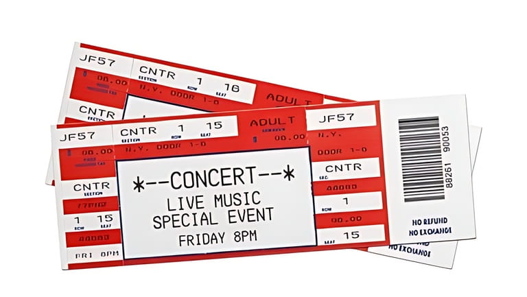 Pair of empty red concert tickets isolated on white background.