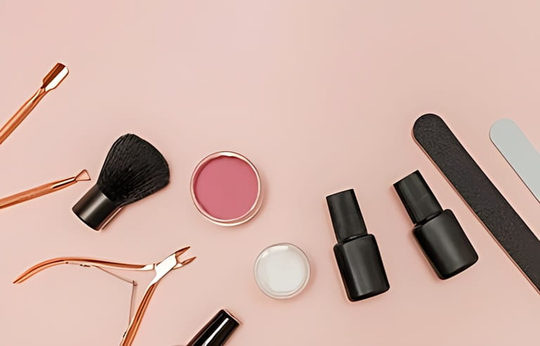 Manicure tools, nail polish and dipping powder on the pink background