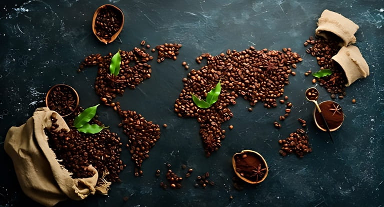 Set of coffee beans and ground coffee in the shape of a world map.  Set of coffee beans and ground coffee in the shape of a world map.