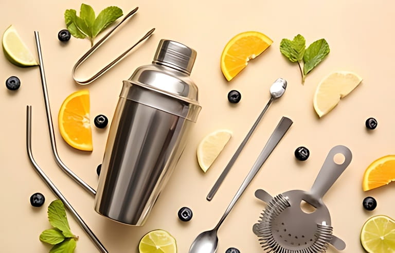 Modern bartender kit and cocktail ingredients on color background Modern bartender kit and cocktail ingredients on color background