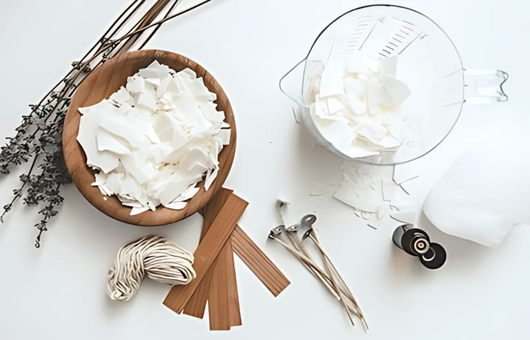 Set for crafting candle on white background. Eco soy wax and candle making tools. DIY candles.