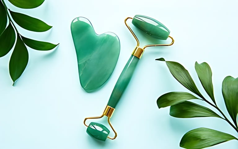 Jade face roller for beauty facial massage therapy. Flat lay on pastel green background Jade face roller for beauty facial massage therapy. Flat lay on pastel green background