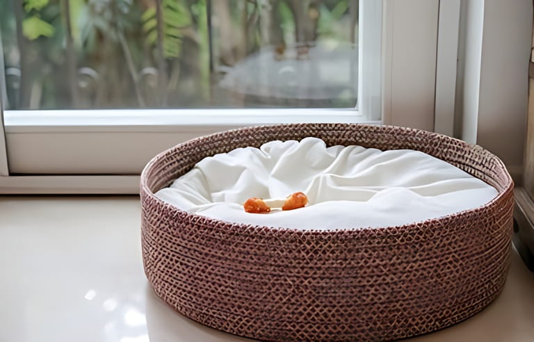 An empty dog bed basket with only dog bone snacks left on the bed with copy space; concept for missing dogs