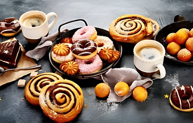 Table with various cookies, donuts, cakes and coffe cups on dark backround. Top view