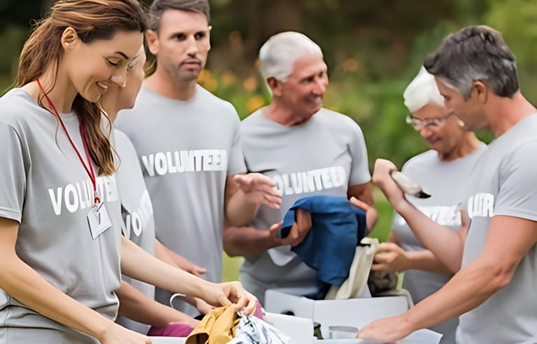 Happy volunteer looking at donation box on a sunny day Happy volunteer looking at donation box on a sunny day