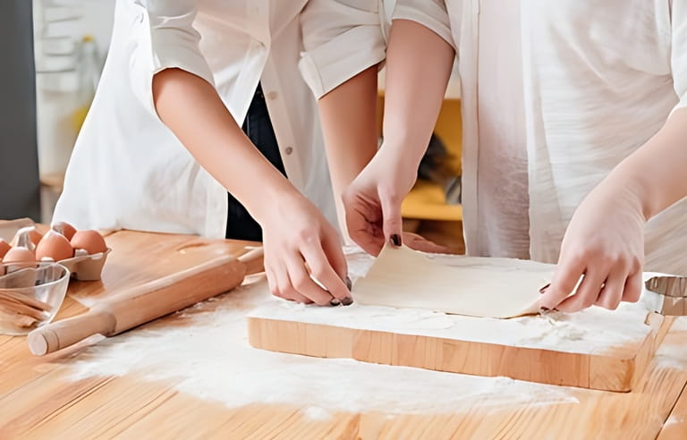 Women baking. Mother daughter making flat dough. Sweet home baked foods goods pastries hobby. Cooking courses.