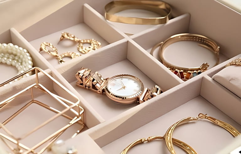 Jewelry box with stylish golden bijouterie, closeup view