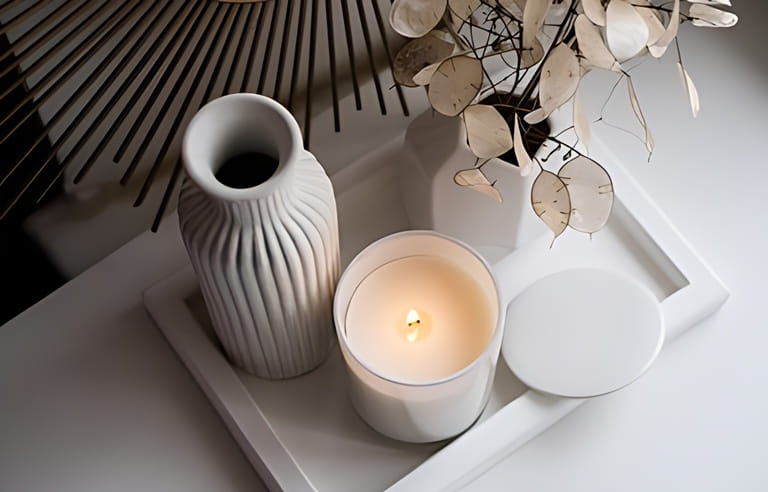 Luxurious white tray decoration, home interior decor with burning candle Luxurious white tray decoration, home interior decor with burning candle