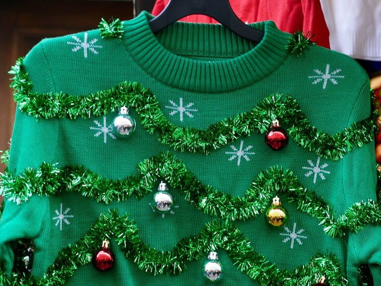 Beautiful or ugly: green Christmas sweater with decorative balls Beautiful or ugly: green Christmas sweater with decorative balls