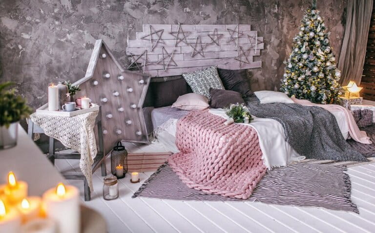 Christmas decorations home bedroom, christmas background indoors Christmas decorations home bedroom, christmas background indoors